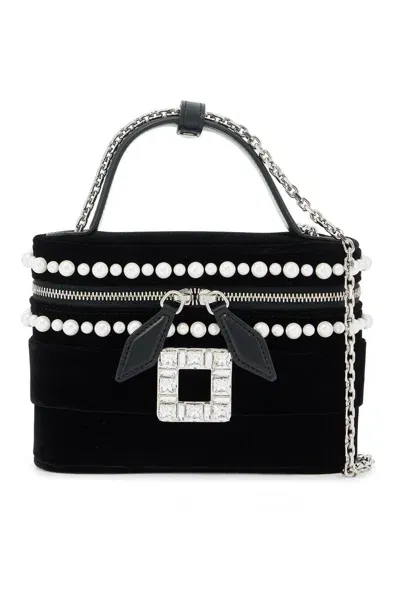 Roger Vivier Mini Velvet Vanity Handbag With Rhinestone Clasp In Black