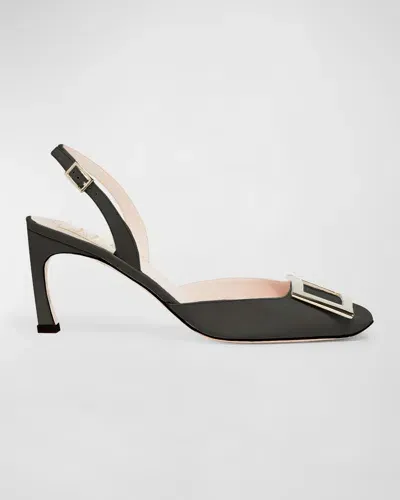 Roger Vivier Trompette Leather Buckle Slingback Pumps In Black