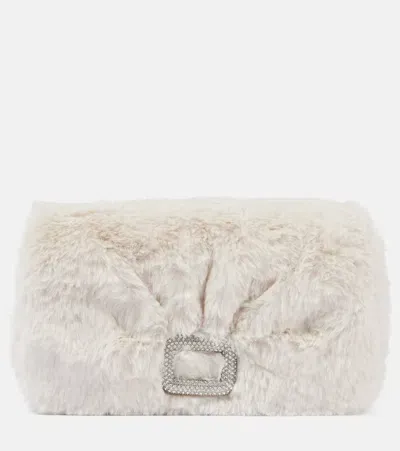 Roger Vivier Viv Choc Embellished Faux Shearling Wallet In Bianco Lana Cire