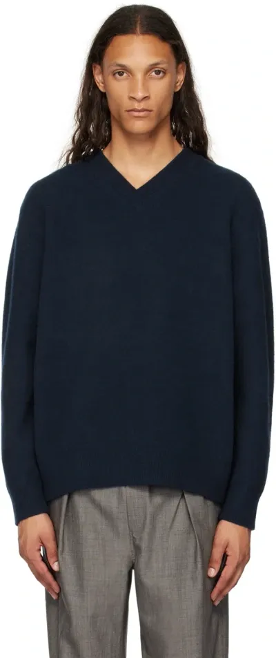 Rohe Navy Relaxed V-neck Sweater In 411 Marine Blue