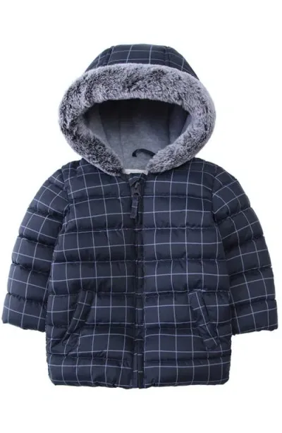 Rokka&rolla Baby Plaid Fleece Hooded Puffer Jacket In Dark Gray Stone White Check