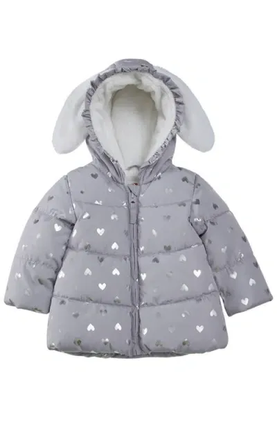 Rokka&rolla Baby Soft Fleece Lined Bunny Puffer Jacket In Gray/heart Foil Print