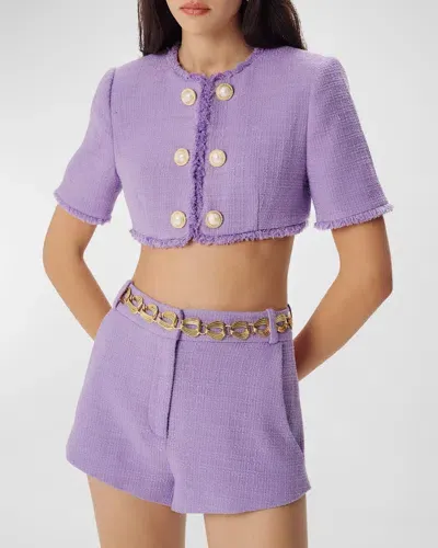 Ronny Kobo Mindy Cropped Short-sleeve Windowpane Boucle Jacket In Lavender