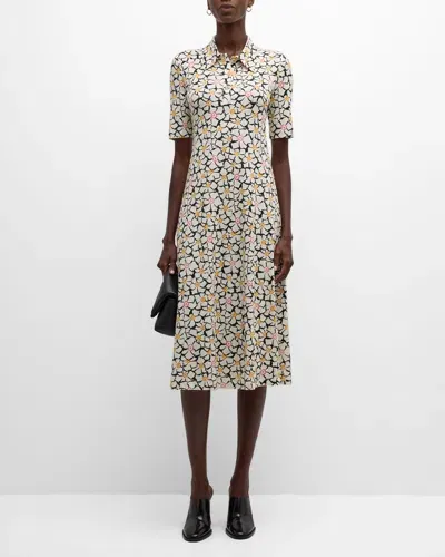 Rosetta Getty Geometric Floral Jersey Polo Midi Dress In Blackmulti