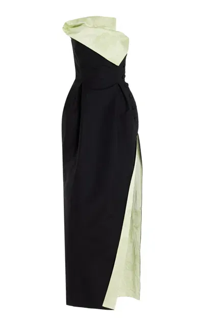 Rosie Assoulin Peep Lapel Strapless Cotton Maxi Dress In Black