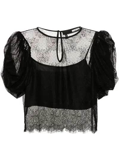 Rotate Birger Christensen Puff-sleeves Lace Blouse In Black