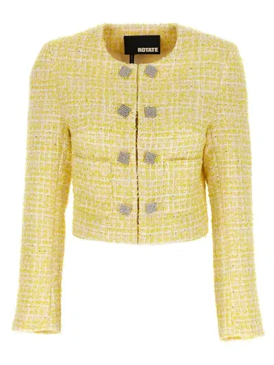 Rotate Birger Christensen Cropped Tweed Jacket Embellished Buttons In Yellow