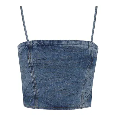 Rotate Birger Christensen Rotate Embellished Cropped Denim Top In Blue