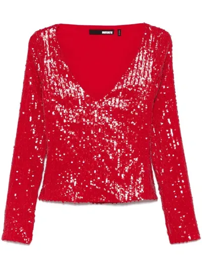 Rotate Birger Christensen Sequins V-neck Top In Red