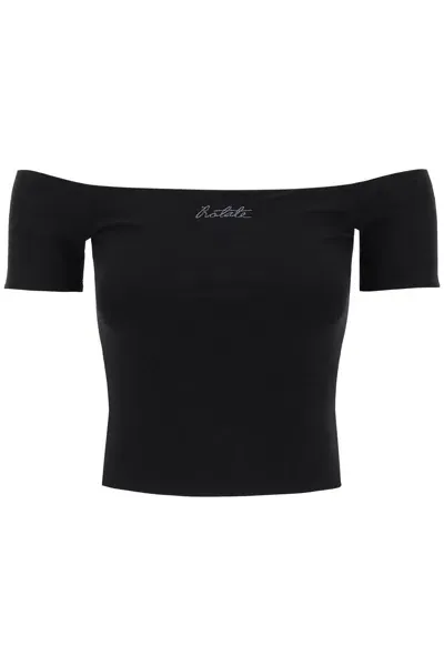 Rotate Birger Christensen T Shirt Off Shoulder Con Logo In Ricamo Lurex In Black