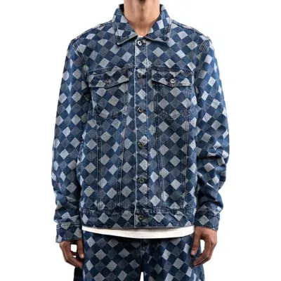 Round Two Diamond Jacquard Denim Trucker Jacket In Medium Blue