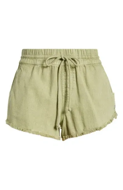 Roxy Scenic Drawstring Waist Fray Hem Cotton Twill Shorts In Oil Green