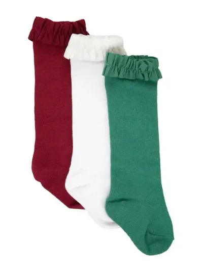 Rufflebutts Baby Girls 3-pack Knee High Socks In Dark Cherry/white/fir Green