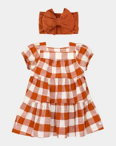 Rufflebutts Kids' Girl's Plaid-print Tiered Dress & Headband Set In Rust Plaid