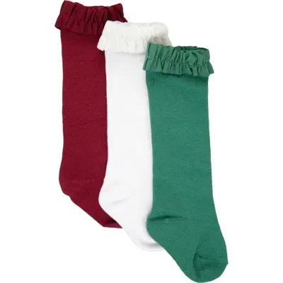 Rufflebutts Kids'  Girls 3-pack Knee High Socks In Dark Cherry/white/fir Green