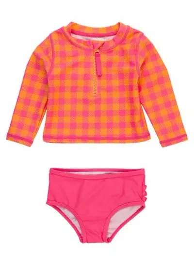 Rufflebutts Kids'  Girls Upf50+ Long Sleeve Zipper Rash Guard 2-piece In Sunset Sorbet Gingham