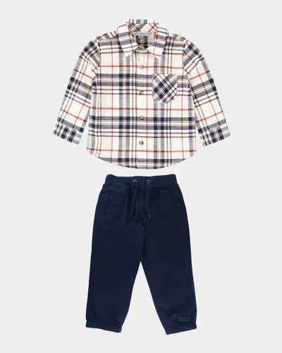 Ruggedbutts Kids' Boy's Homegrown Harvest Plaid-print Shirt & Joggers Set In Off-white