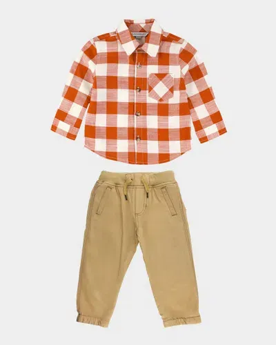 Ruggedbutts Kids' Boy's Rust Plaid-print Shirt & Joggers Set In Off-white