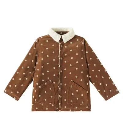 Rylee + Cru Kids' Long Chore Embroidered Cotton Corduroy Jacket In Brown