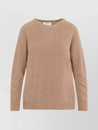 's Max Mara Crew Neck Cable-knit Sweater With Ribbed Trims In Beige