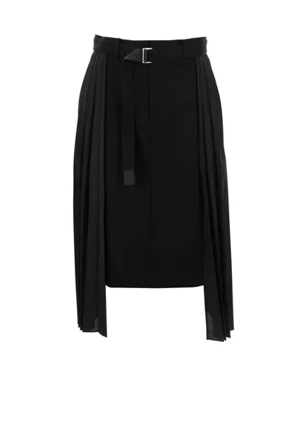 Sacai Belted Pleated Midi Skirt In Black