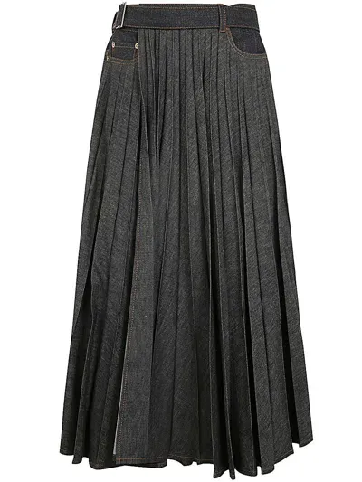 Sacai Pleated Denim Midi Skirt In Blue