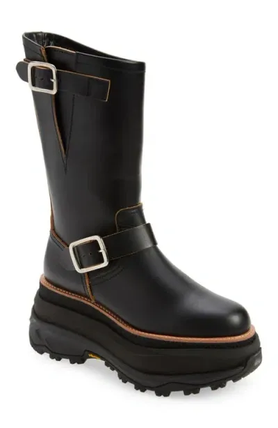 Sacai Leather Buckle Chunky Moto Boots In Nero