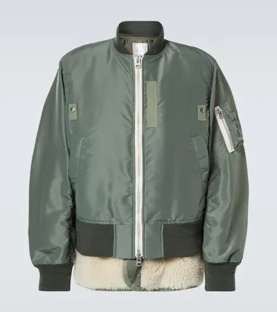 Sacai Faux Shearling-trimmed Bomber Jacket In Khaki