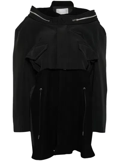 Sacai Grosgrain Bonding X Wool Melton Dress In Black