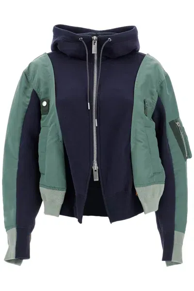 Sacai Hybrid Sweatshirt With Zip And Hood In Navy×b/khaki (blue)