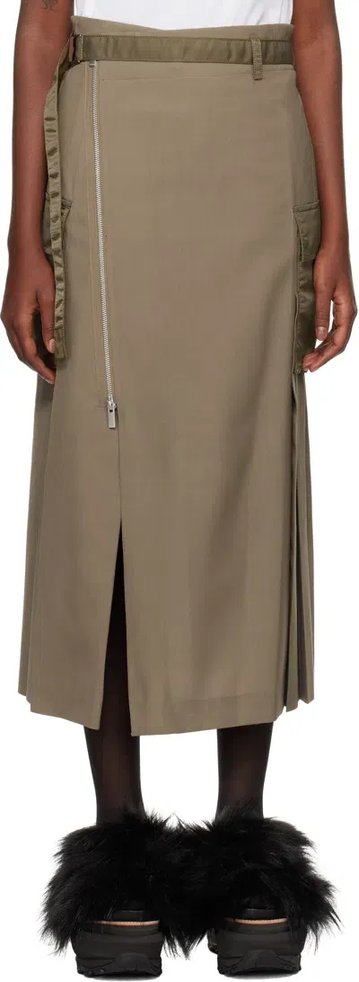 Sacai Khaki Suiting & Nylon Twill Midi Skirt In 651 Beige