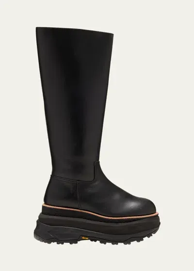 Sacai Leather Knee-high Chunky Moto Boots In Black