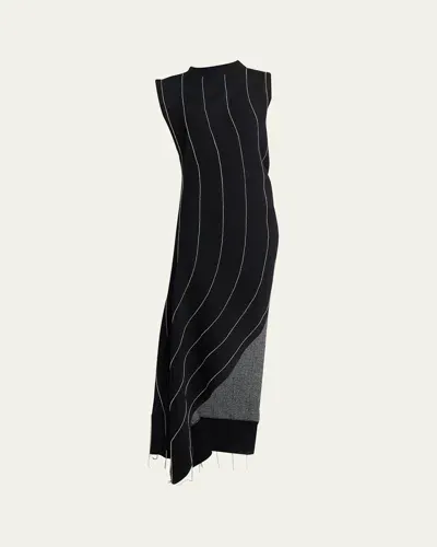 Sacai Long Chalk Stripe Knit Asymmetric Dress In Black