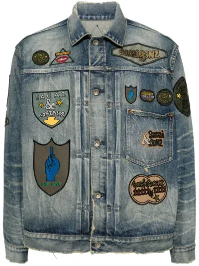 Sacai Patch-embellished Button-up Denim Jacket In Blue