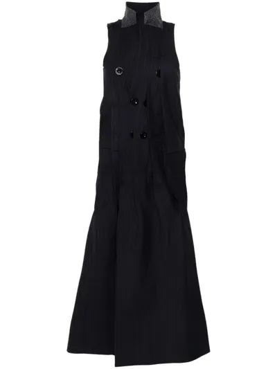 Sacai Pinstriped Pleated Maxi Dress In Black