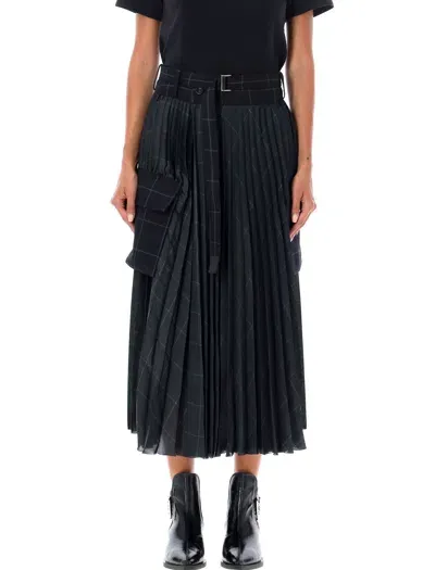 Sacai Pleated Midi Skirt In Blue