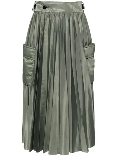 Sacai Pleated Midi Skirt In Green