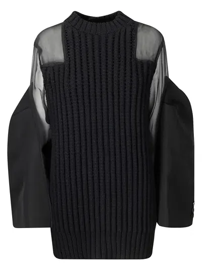 Sacai Silk Chiffon Mix Knit Dress In Black