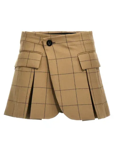 Sacai Checkered Skort With Front Pleats And Pockets In Beige