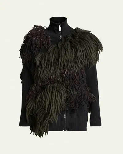 Sacai Zip-up Fringe Knit Jacket In Khaki