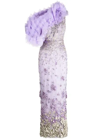 Saiid Kobeisy Beaded Tulle Long Dress In Purple