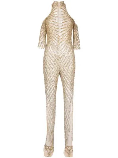 Saiid Kobeisy Off-shoulder Beaded Jumpsuit In Neutrals