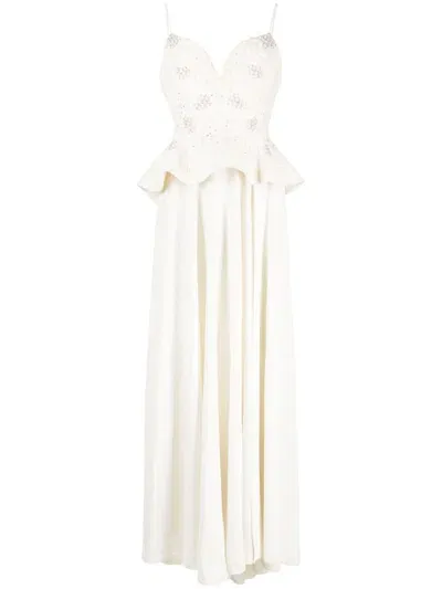 Saiid Kobeisy Peplum Beaded Crepe Dress In White