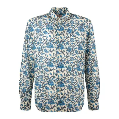 Saint Barth Mc2  Sikelia Incotone Men's Shirt With Print Ajrakh In White, Blue