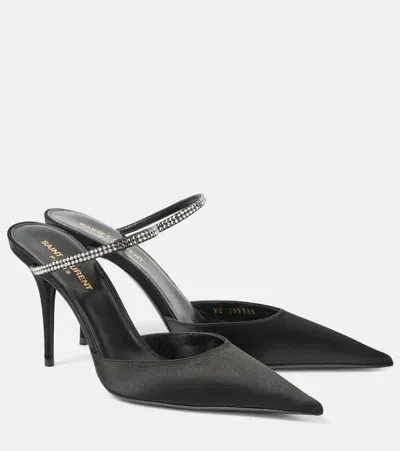 Saint Laurent Barbara 90 Embellished Satin Mules In Black