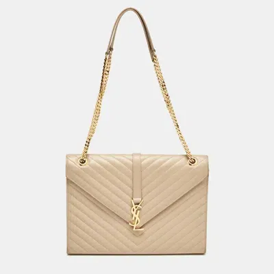 Pre-owned Saint Laurent Beige Chevron Leather Large Monogram Envelope Shoulder Bag