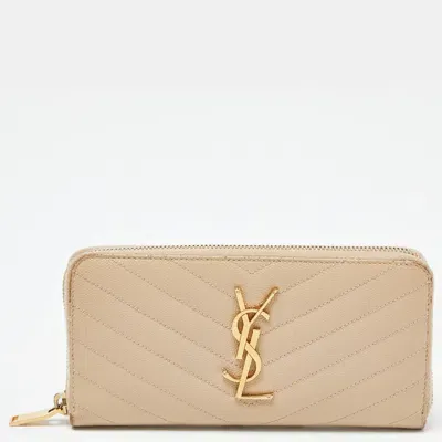 Pre-owned Saint Laurent Beige Leather Monogram Zip Around Wallet