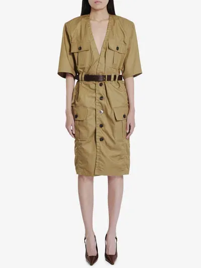 Saint Laurent Beige Safari-inspired Cotton Dress With Leather Belt