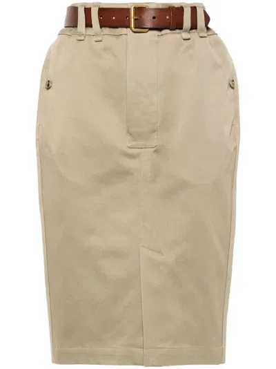 Saint Laurent Belted Gabardine Pencil Skirt In Brown