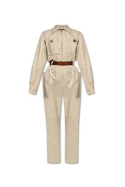 Saint Laurent Belted Cotton-twill Jumpsuit In Beige Clair